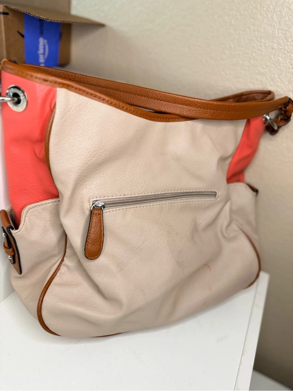 Rosetti Colorblock Hobo Shoulder Bag Pink Beige Brown Faux Leather Multi Pocket
